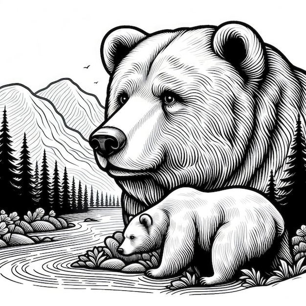 Monochrome line art bear in sketch style coloring page illustration