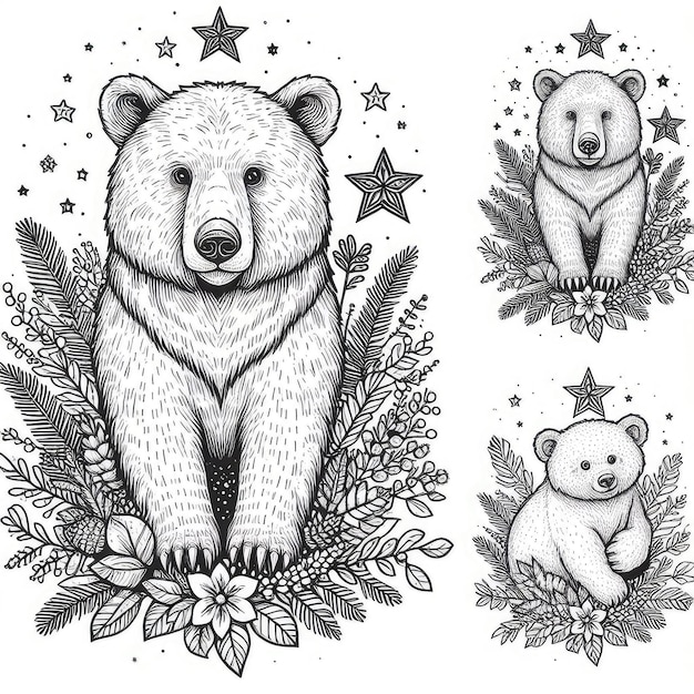 Photo monochrome line art bear in sketch style coloring page illustration