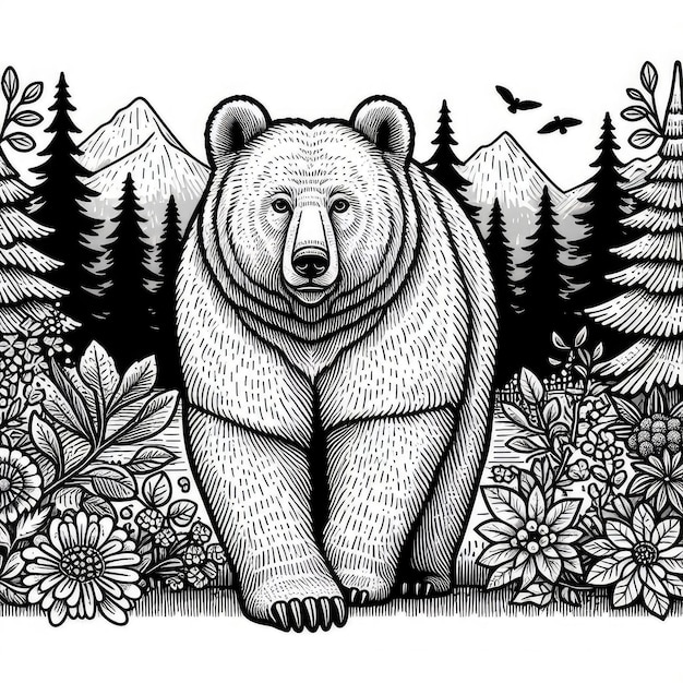 Monochrome line art bear in sketch style coloring page illustration