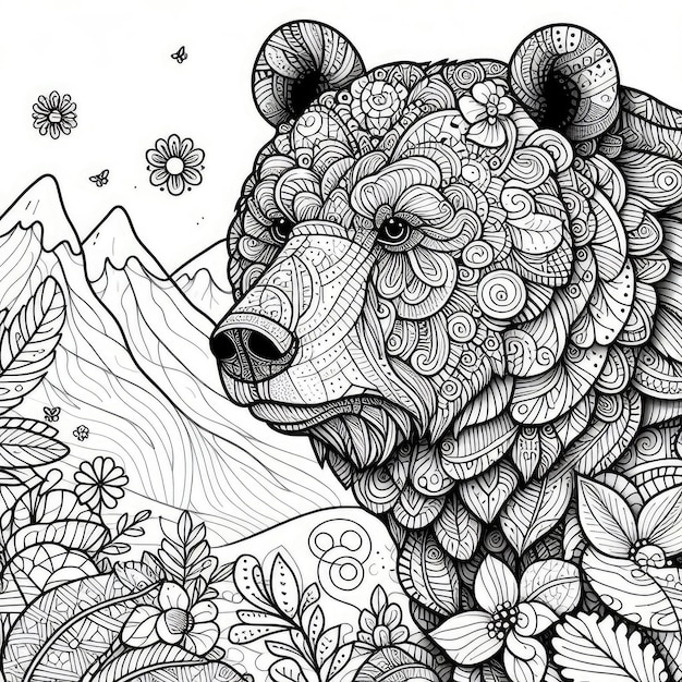 Photo monochrome line art bear in sketch style coloring page illustration