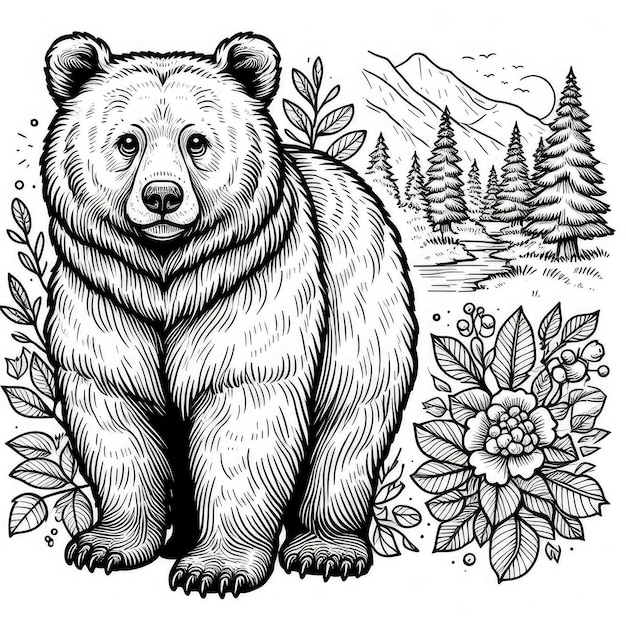 Monochrome line art bear in sketch style coloring page illustration