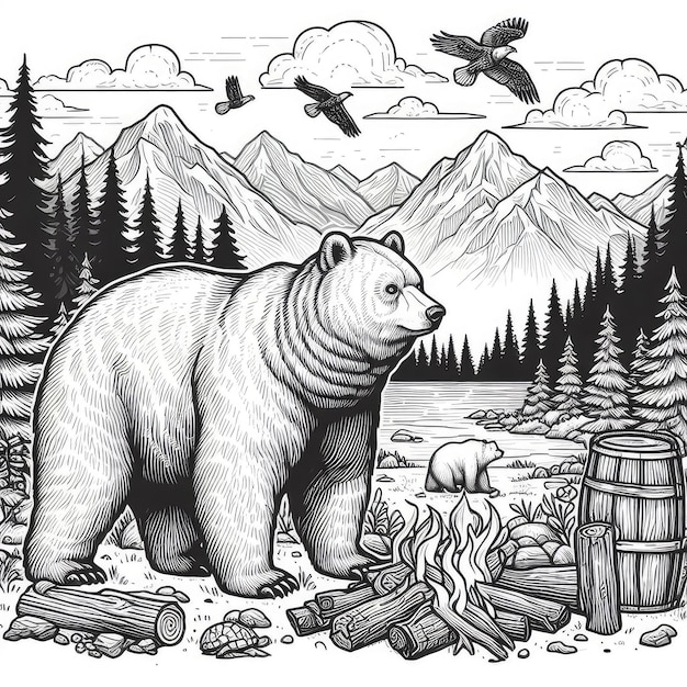 Monochrome line art bear in sketch style coloring page illustration