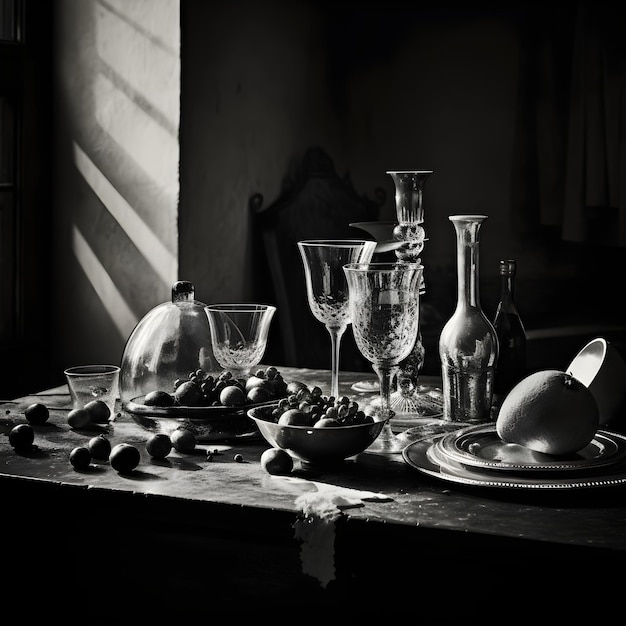 Photo monochrome majesty an artistic rendering of a fine dining table setup in black and white