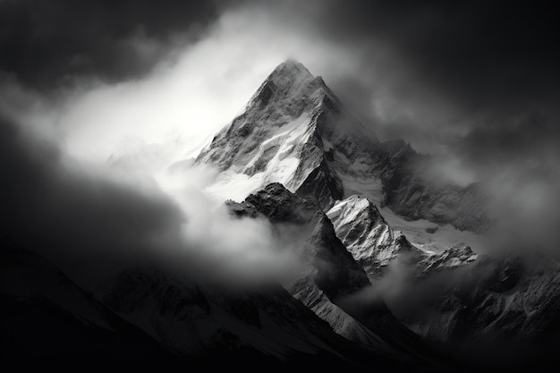 Monochrome mountain scene with select areas of high saturation for dramatic effect