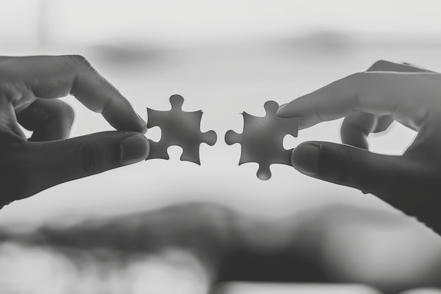 Photo monochrome photo of hands holding puzzle pieces for collaboration