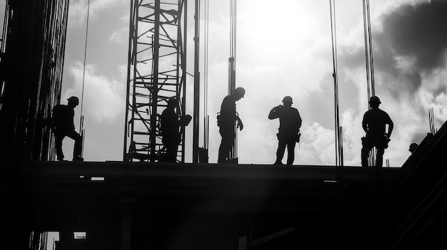 Monochrome scene depicting life of workers on a construction industry site