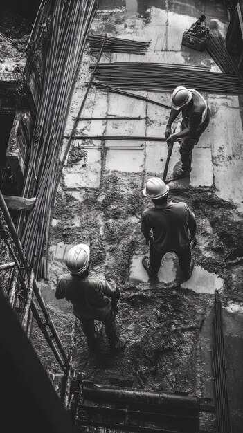 Photo monochrome scene depicting life of workers on a construction industry site