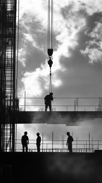 Photo monochrome scene depicting life of workers on a construction industry site