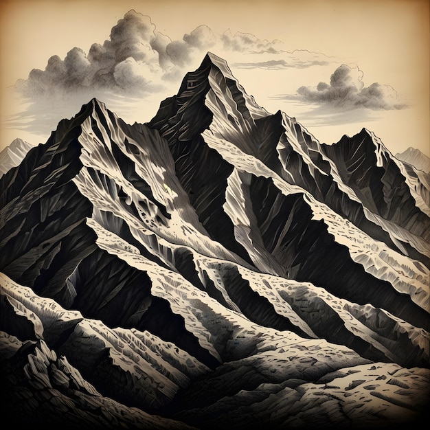 a monochrome sketch of a mountain range