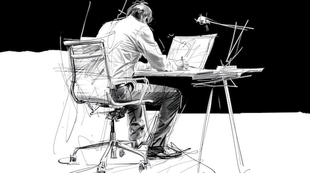 Monochrome sketch of a person working diligently at a desk illustrating concentration and creativity in a minimalist style