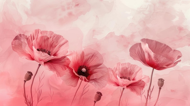 Monochrome watercolor image of pink poppies on a pink background