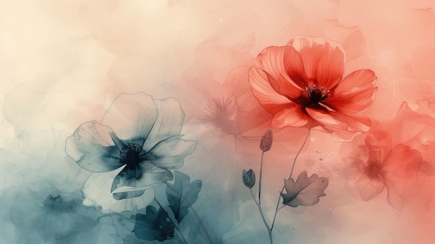 Monochrome watercolor image of pink poppies on a pink background