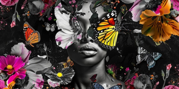 Monochrome Woman with Vivid Butterflies and Flowers