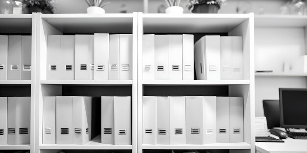 Monochrome Workspace Setup with White Bookshelves and Stationery Box Concept Monochrome Decor Workspace Setup White Bookshelves Stationery Box Home Office Style