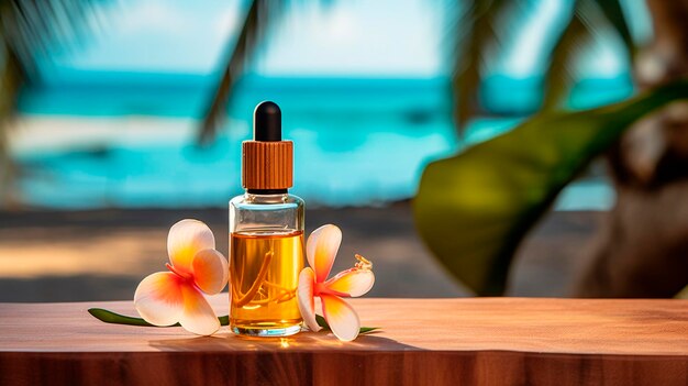 Photo monoi de tahiti essential oil in a bottle generative ai spa