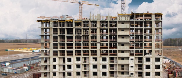 Monolithic frame construction of the building Solid walls of concrete The framework for the walls Formwork for walls made of concrete Construction site close up