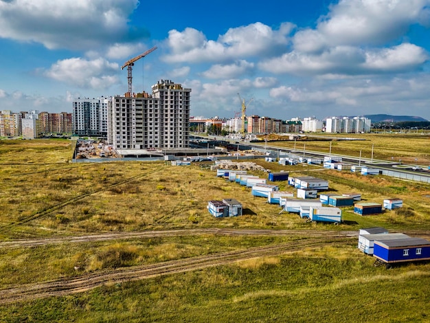 Monolithic frame construction of the building Solid walls of concrete Shooting from a drone Modern construction of a residential building construction site close up