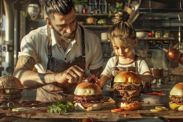 Photo monoparental father and kid making yummy burgers