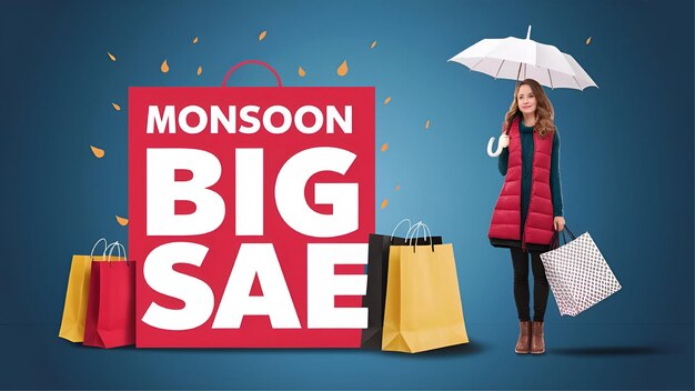 Monsoon Sale Shop Now Woman with Umbrella Shopping Bag