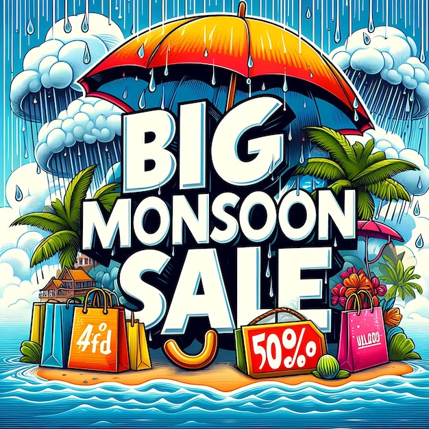 Monsoon season sale background with rain and umbrella and model