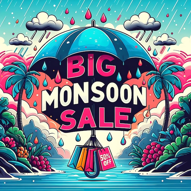 Monsoon season sale background with rain and umbrella and model