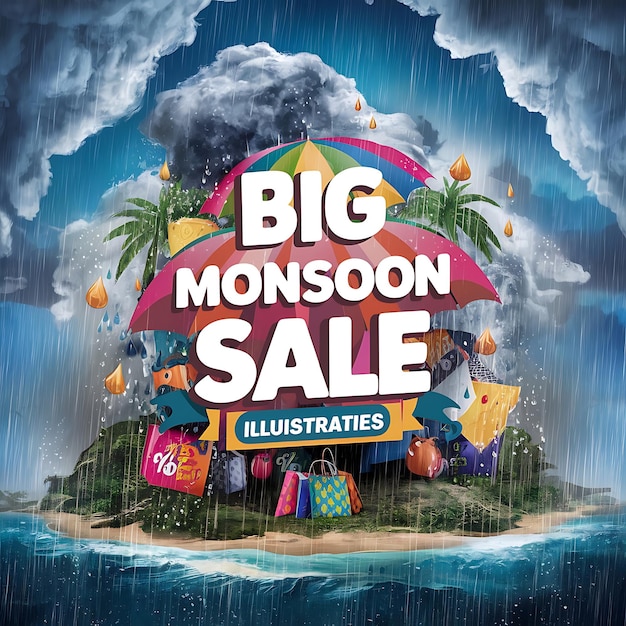 Monsoon season sale background with rain and umbrella and model