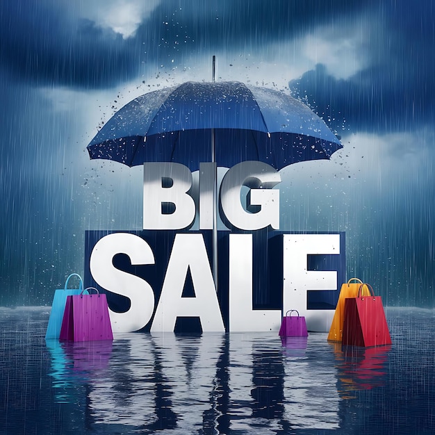 Monsoon season sale background with rain and umbrella and model