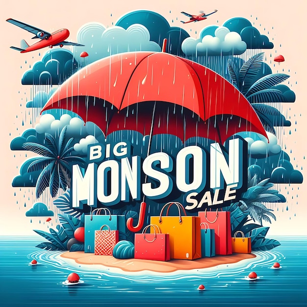 Monsoon season sale background with rain and umbrella and model