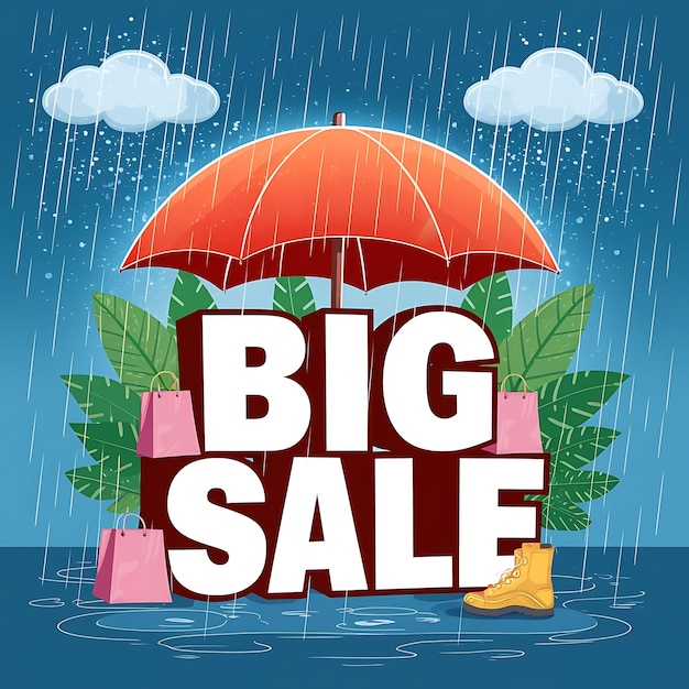 Monsoon season sale background with rain and umbrella and model