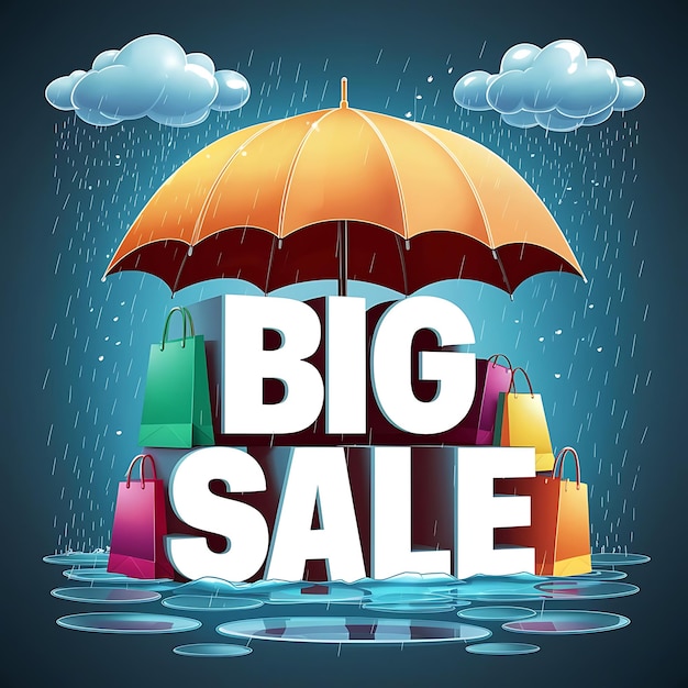 Monsoon season sale background with rain and umbrella and model