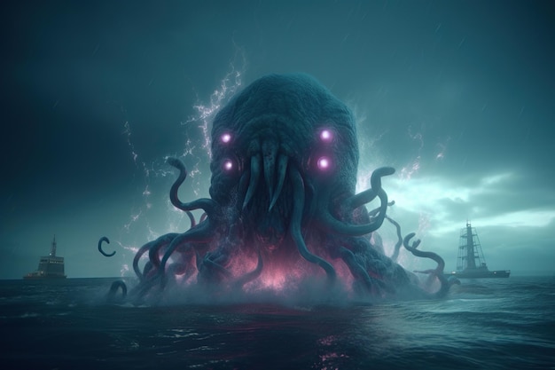 Monster Cthulhu attacked city and boats at seaport pier Apocalypse monster with tentacles fear horror