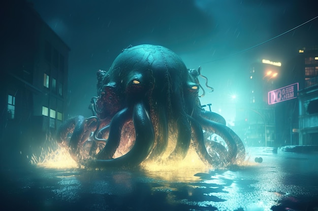 Monster Cthulhu attacked city and boats at seaport pier Apocalypse monster with tentacles fear horror