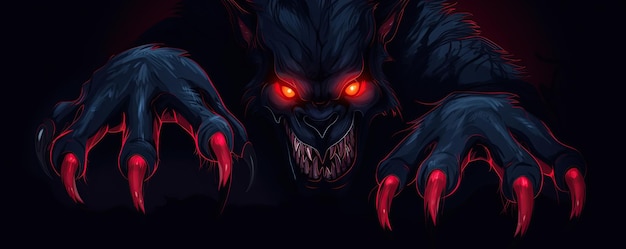 Monster demon werewolf with red eyes on black background Generative AI illustration