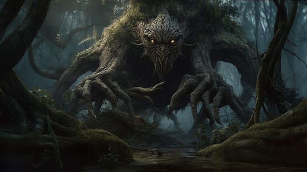 A monster in the forest with a tree on the left