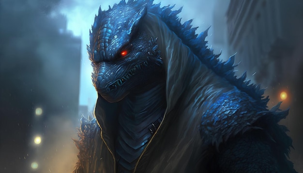 A monster godzilla with red eyes and a blue jacket