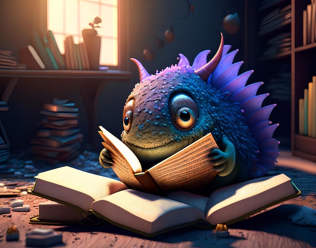 A monster reading a book in a dark room.