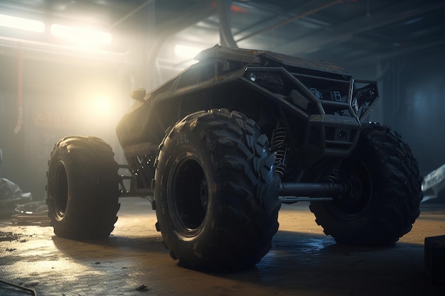 A monster truck in a dark room with a light on the ceiling.