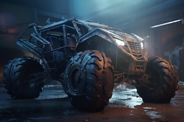 A monster truck in a dark scene from the movie monster truck.