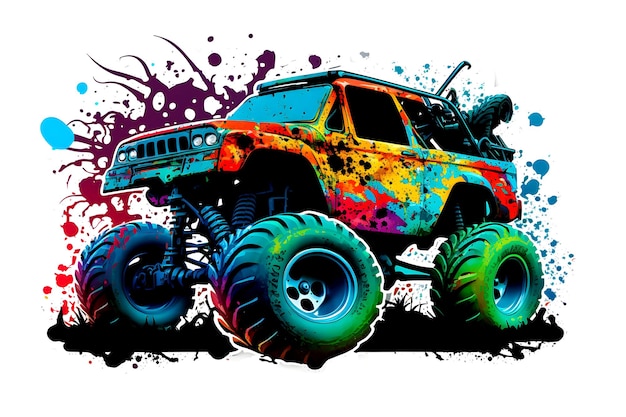 Monster truck sticker with multicolored paint splash Neural network generated art