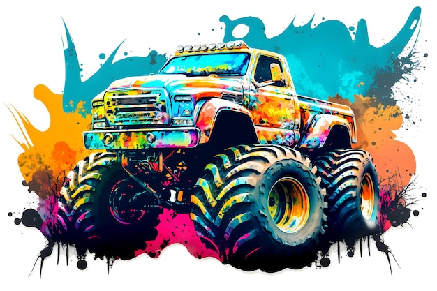 Monster truck sticker with multicolored paint splash Neural network generated art