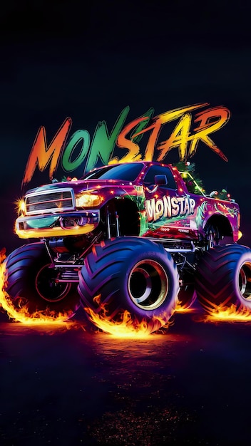 Photo monster truck with flaming tires