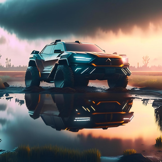 a monster truck with the headlights on and the reflection of the car in the water.