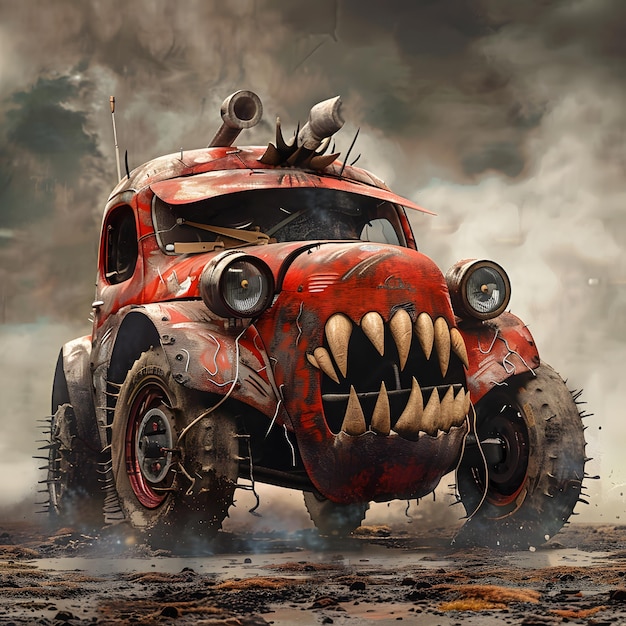 Photo a monster truck with a monster face and a shark on the back