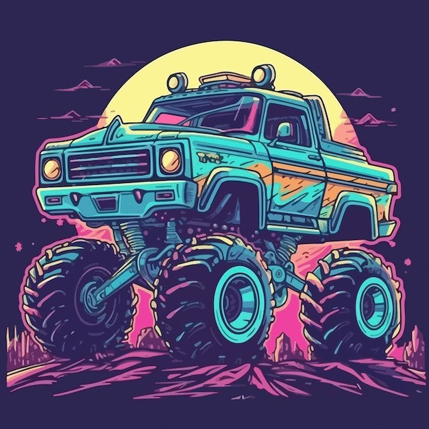 A monster truck with a neon glow in the background.