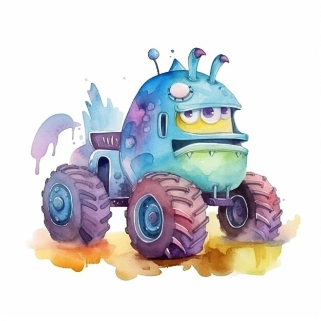 A monster truck with a sad face. watercolor illustration of a monster truck with a sad face stock illustration