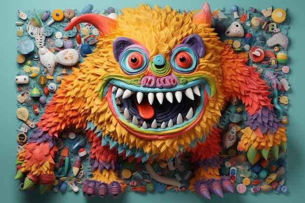 The monster on the wall is covered with candy in the style of pop culture collages organic sculptures kombuchapunk green and amber vibrant catcore caninecore Generative AI image weber