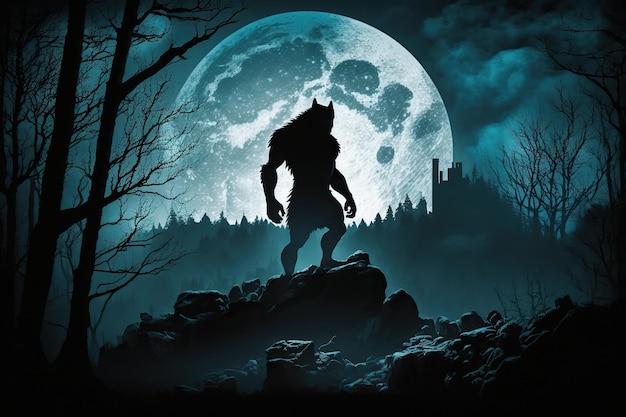 Monster werewolf on top of a cliff on background of moon at night Generative AI illustration