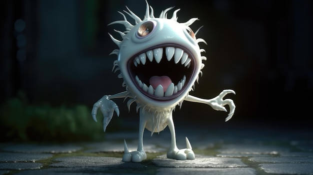 A monster with a big mouth and big teeth is standing on a dark background.