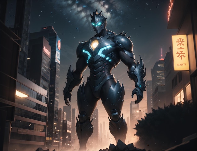 A monster with a blue mask on his head stands in front of a cityscape.