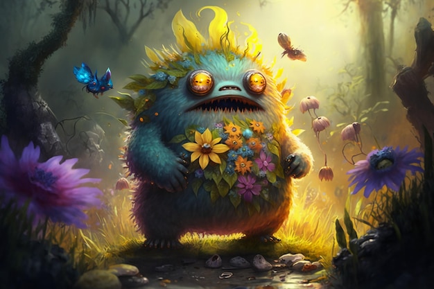 A monster with a bunch of flowers in his hands.